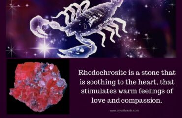 Scorpio symbol with rhodochrosite and healer details.