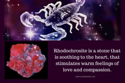 Scorpio symbol with rhodochrosite and healer details.