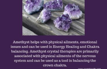 Amethyst crystals on wooden surface with text.