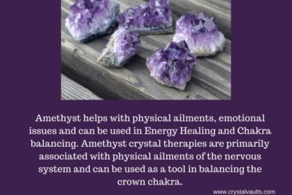 Amethyst crystals on wooden surface with text.