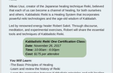 Reiki certification class promotional flyer.