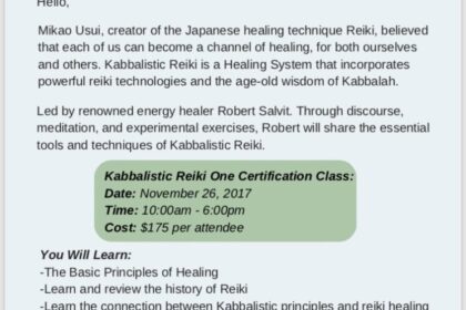 Reiki certification class promotional flyer.