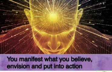 Abstract head with radiant light and text.