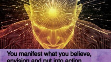 Abstract head with radiant light and text.