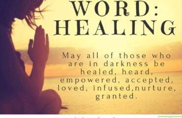 Silhouette meditating by sunset, healing message.