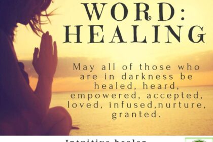 Silhouette meditating by sunset, healing message.