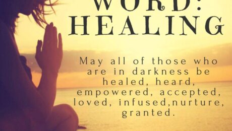 Silhouette meditating by sunset, healing message.