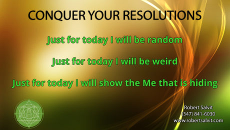 Gold and green background. “Conquer your resolutions…”