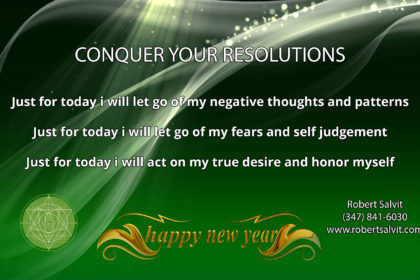 Green and white background. “Conquer your resolutions…”