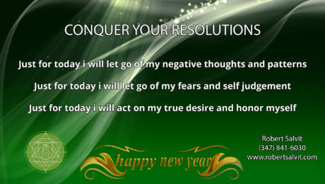 Green and white background. “Conquer your resolutions…”