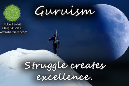 A person hiking a snowy mountain. “Struggle creates excellence.”